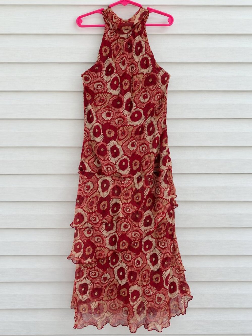 Jonathan Martin Red 100% Silk Midi Dress 6 Y2K Boho Whimsigoth Halter Vintage